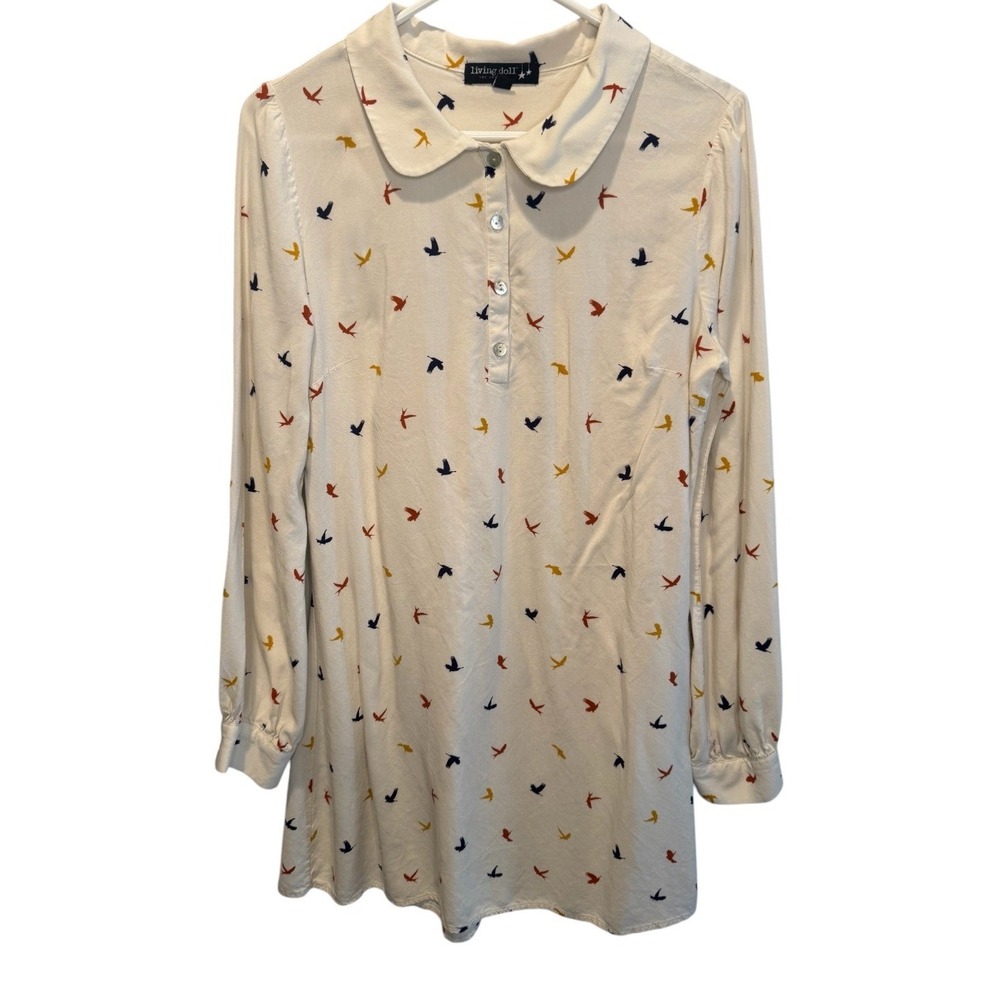 Living Doll Womens Cream Bird Print Peter Pan Collar Tunic Dress XL Whimsical